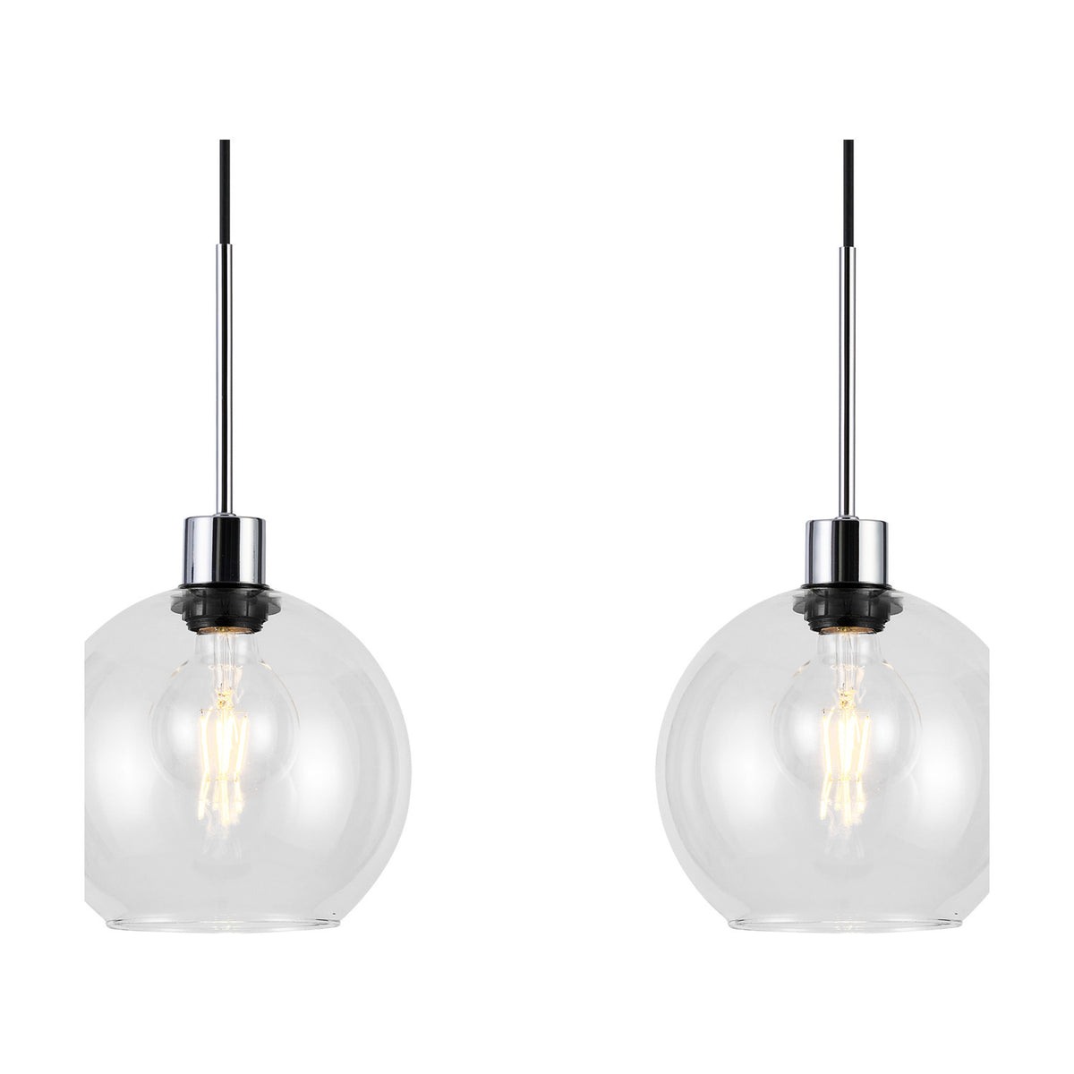 Lori 4 Light Clear Globe Pendant with polished chrome mount and black cable, two glass globe shades shown lit with visible bulbs on a white background.