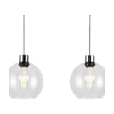 Lori 4 Light Clear Globe Pendant with polished chrome mount and black cable, two glass globe shades shown lit with visible bulbs on a white background.