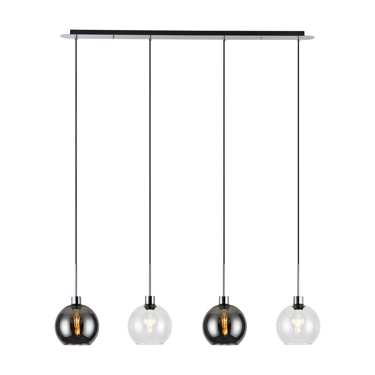 Lori 4 Light Clear Pendant, a 1.2m linear ceiling light with a polished chrome bar and four round open globes in alternating smoke and clear glass, shown on a white background.