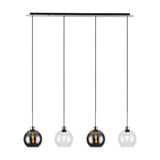 Lori 4 Light Clear Pendant, a 1.2m linear ceiling light with a polished chrome bar and four round open globes in alternating smoke and clear glass, shown on a white background.