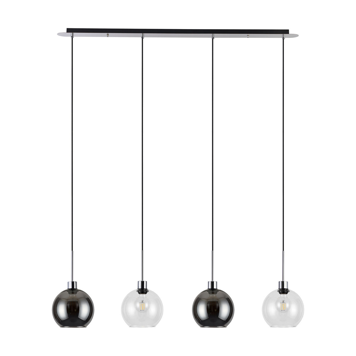 Lori 4 Light Clear Pendant with round glass globes in alternating smoke and clear finish, suspended from a slim 1.2m polished chrome bar on a white background.