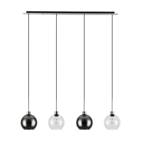 Lori 4 Light Clear Pendant with round glass globes in alternating smoke and clear finish, suspended from a slim 1.2m polished chrome bar on a white background.