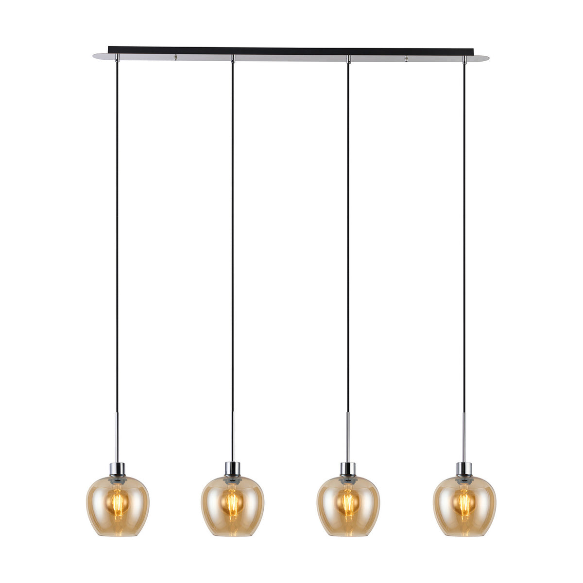 Lori E27 4 Light Wine Pendant Light with amber glass shades on a polished chrome linear bar, shown against a plain white background.