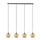 Lori E27 4 Light Wine Pendant Light with amber glass shades on a polished chrome linear bar, shown against a plain white background.