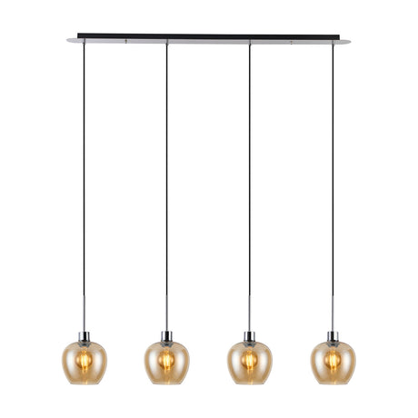 Lori E27 4 Light Wine Pendant Light with amber glass shades on a polished chrome linear bar, shown against a plain white background.