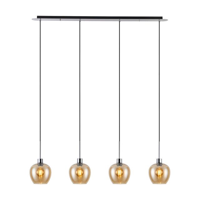 Lori E27 4 Light Wine Pendant Light with amber glass shades on a polished chrome linear bar, shown against a plain white background.