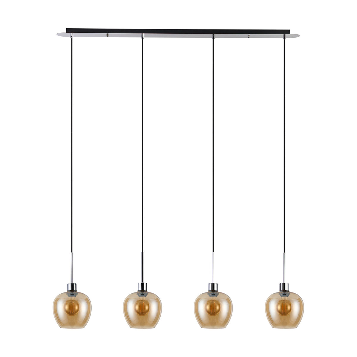 Lori E27 4 Light Wine Pendant Light in amber glass with polished chrome bar and fittings, four wine-glass shaped shades on cables, shown on a white background.