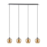 Lori E27 4 Light Wine Pendant Light in amber glass with polished chrome bar and fittings, four wine-glass shaped shades on cables, shown on a white background.