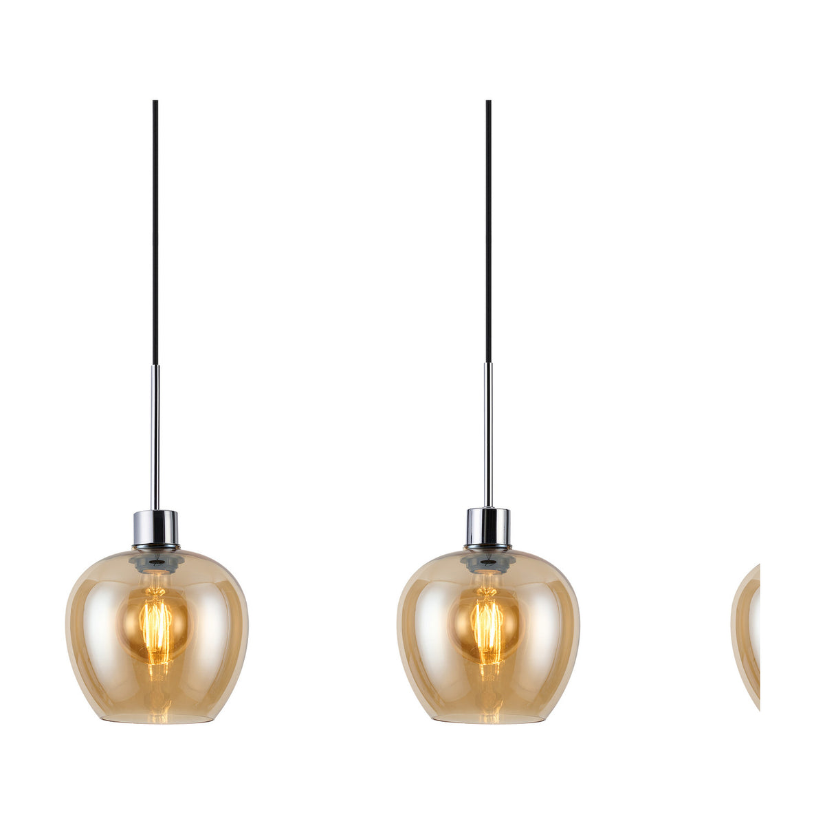 Lori E27 4 Light Wine Pendant, amber glass wine-glass shaped shades on polished chrome bar mounts with black cables, shown on a white background.
