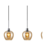 Lori E27 4 Light Wine Pendant, amber glass wine-glass shaped shades on polished chrome bar mounts with black cables, shown on a white background.