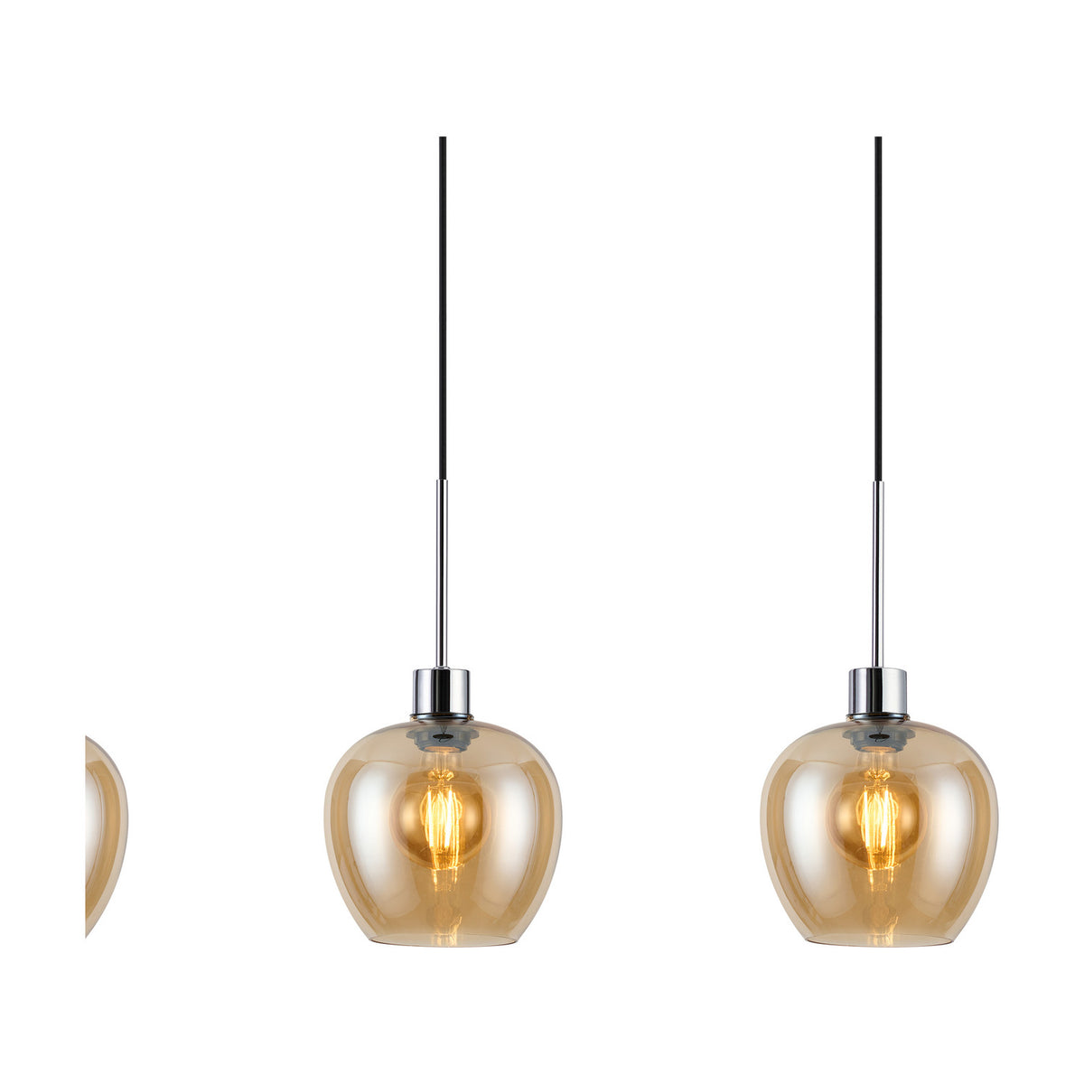 Lori E27 pendant light with amber wine-glass shaped glass shades and polished chrome fittings on black cords, shown against a plain white background.