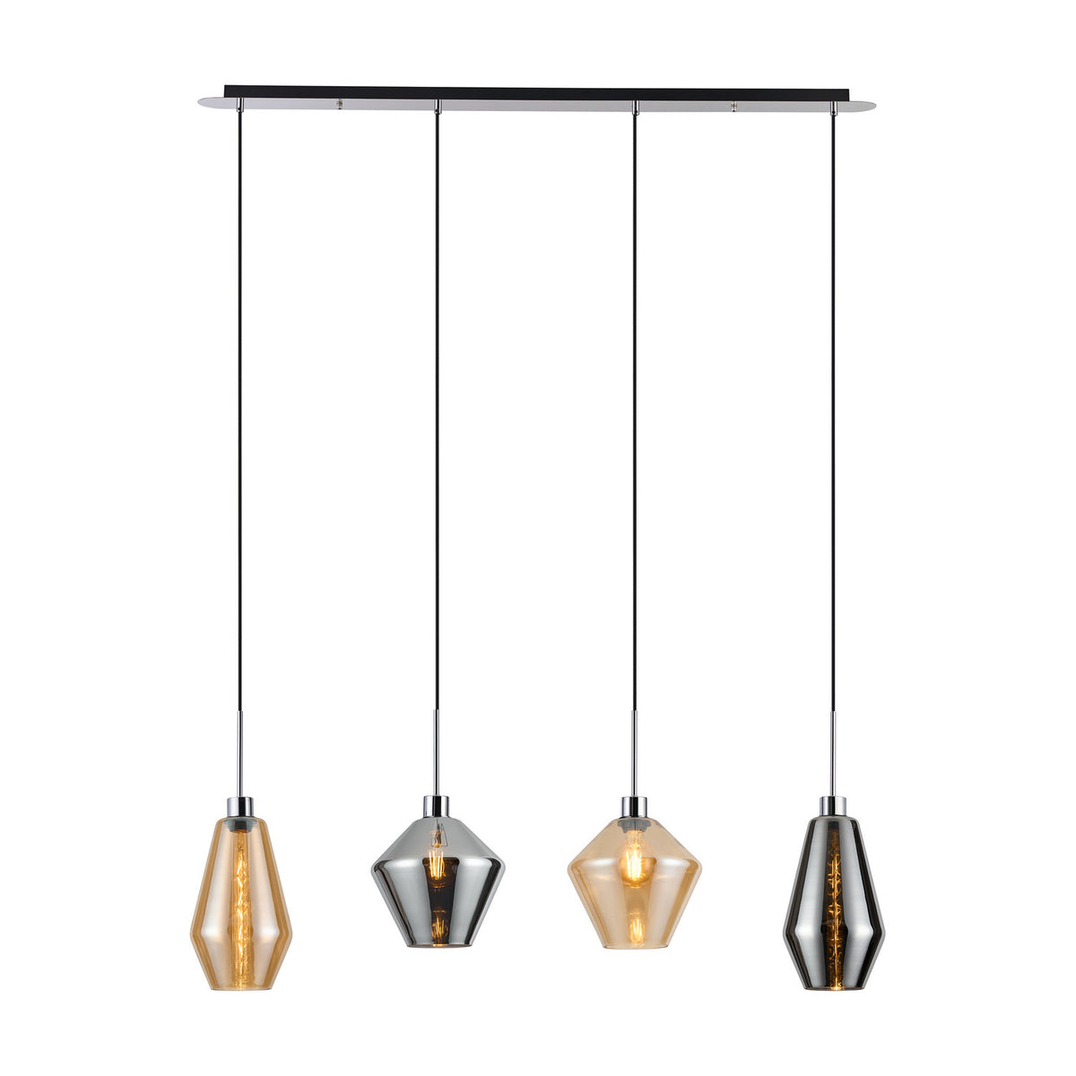 Lori 4 Light Pendant, a linear polished chrome bar suspending alternating amber and smoked glass diamond-shaped shades on black cords, shown against a white background.