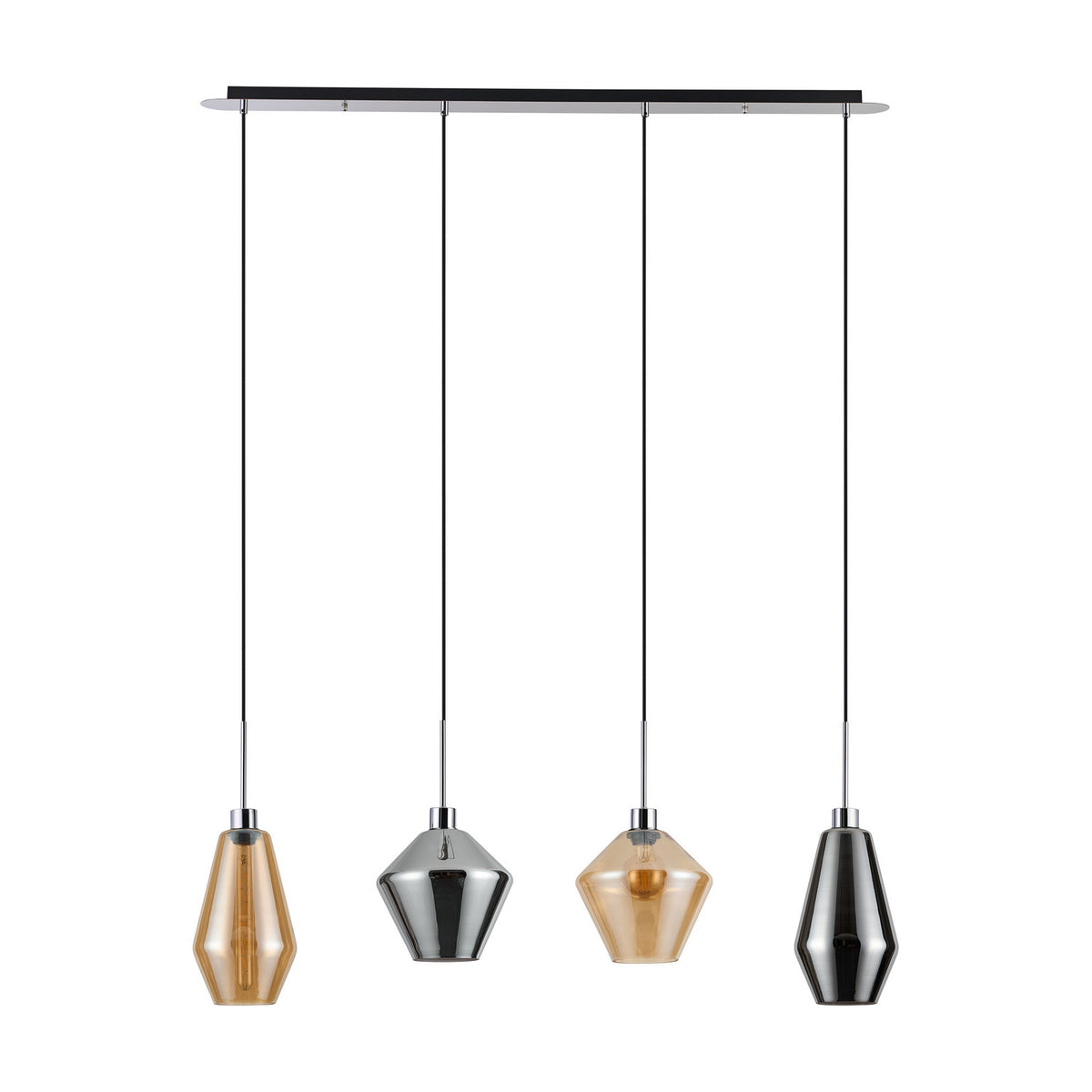 Lori 4 Light Pendant, a linear polished chrome ceiling bar with four staggered-drop pendants featuring geometric amber and chrome glass shades, shown on a plain white background.