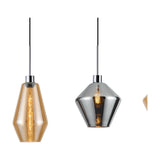 Lori pendant light with amber and smoke glass diamond-kite shades on chrome suspensions, each with a visible bulb, shown against a plain white background.