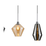 Lori pendant light with diamond kite-shaped glass shades in amber and smoked chrome finishes, polished chrome fittings, shown lit and unlit against a white background.