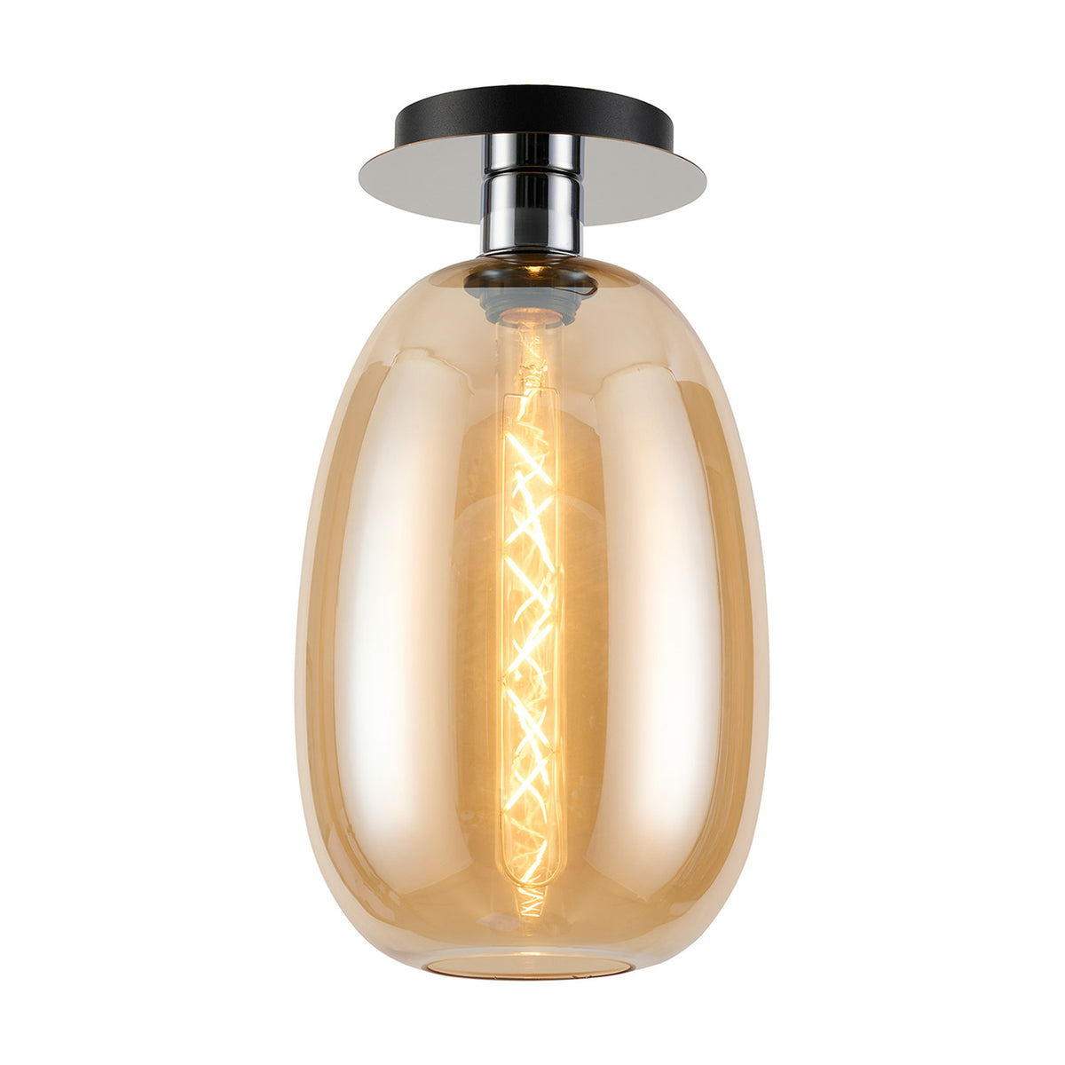 Lori E27 flush ceiling light with a curved amber glass shade and round polished chrome ceiling plate, shown lit against a plain white background.