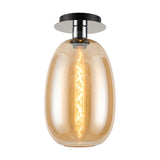Lori E27 flush ceiling light with a curved amber glass shade and round polished chrome ceiling plate, shown lit against a plain white background.