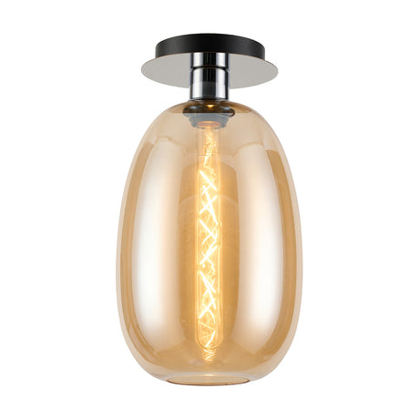 Lori E27 flush ceiling light with a curved amber glass shade and round polished chrome ceiling plate, shown lit against a plain white background.