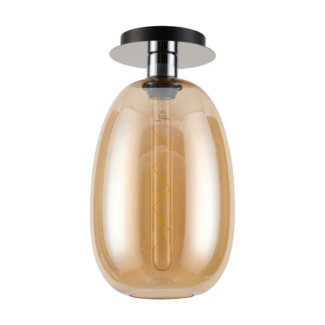 Lori E27 flush ceiling light with an amber glass shade in a curved trapezium shape, mounted on a 15cm polished chrome and black ceiling plate, shown with visible filament bulb on a white background.