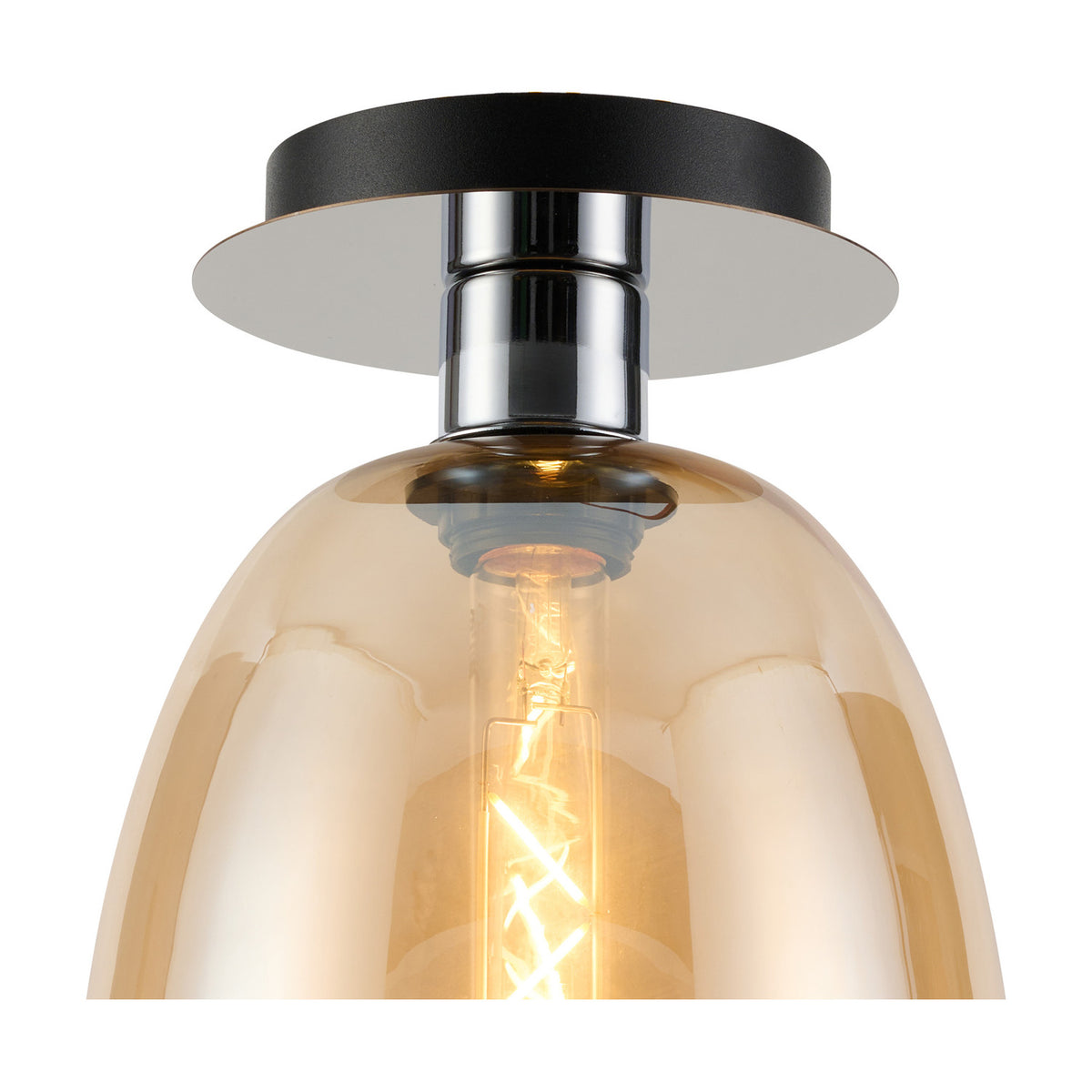Close-up of the Lori E27 flush ceiling light with an amber glass shade and round polished chrome ceiling plate, lit bulb visible inside, on a plain white background.