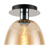 Close-up of the Lori E27 flush ceiling light with an amber glass shade and round polished chrome ceiling plate, lit bulb visible inside, on a plain white background.