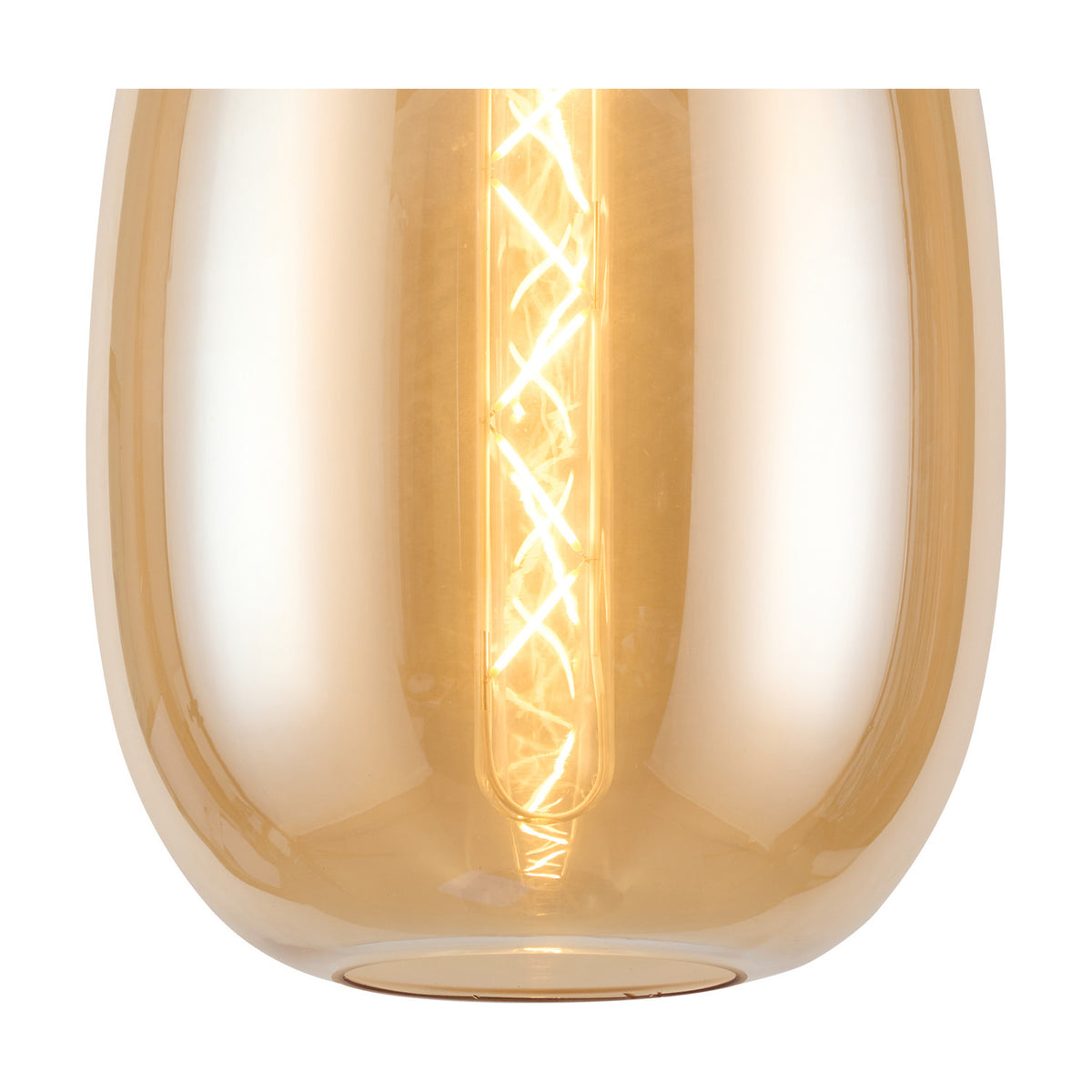 Close-up of the Lori E27 flush ceiling light's amber glass shade with visible spiral filament bulb, set against a polished chrome ceiling plate.