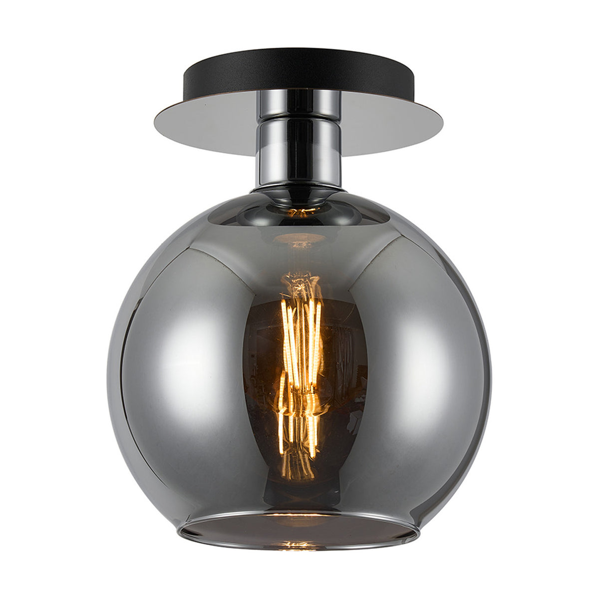 Lori E27 open mouth flush ceiling light with a round chrome globe shade and polished chrome ceiling plate, lit bulb visible inside, shown on a plain white background.