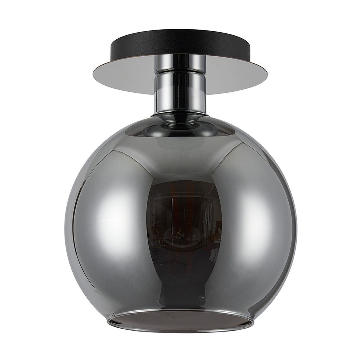 Lori E27 open mouth flush ceiling light with a round chrome globe shade beneath a polished chrome ceiling plate and black canopy, shown on a plain white background.