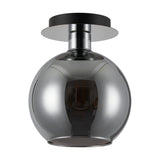 Lori E27 open mouth flush ceiling light with a round chrome globe shade beneath a polished chrome ceiling plate and black canopy, shown on a plain white background.