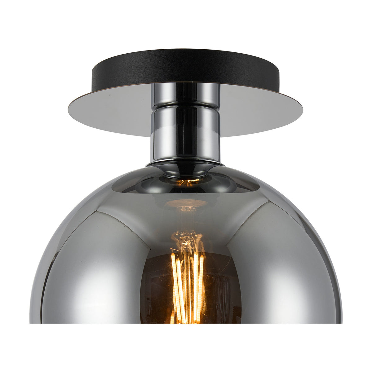 Close-up of the Lori E27 Open Mouth Flush Ceiling Light in polished chrome, showing a round mirrored glass globe with a black and chrome ceiling plate against a white background.
