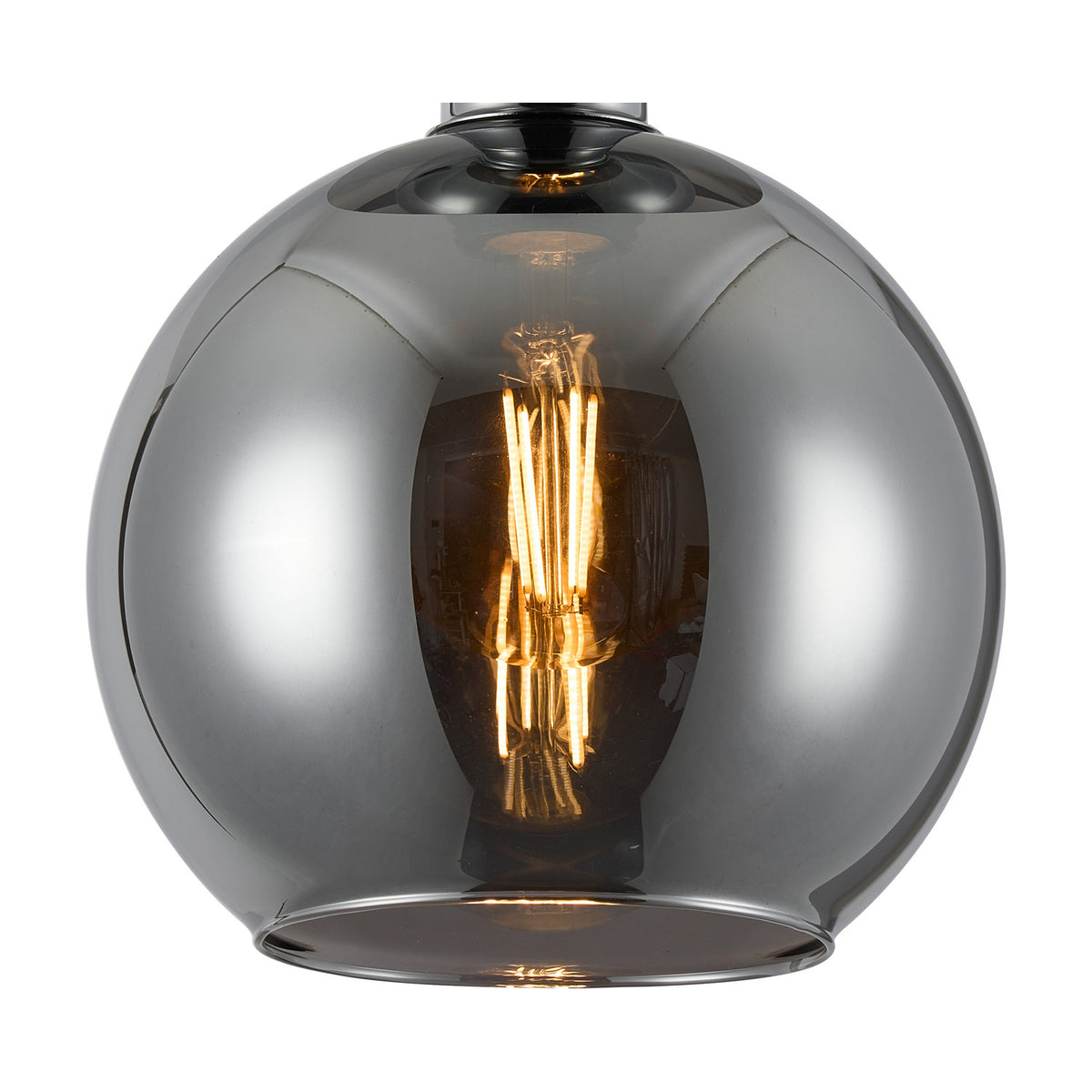 Lori E27 open mouth flush ceiling light with a round chrome globe shade and polished chrome ceiling plate, shown lit with a visible filament bulb on a plain white background.