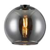 Lori E27 open mouth flush ceiling light with a round chrome globe shade and polished chrome ceiling plate, shown lit with a visible filament bulb on a plain white background.