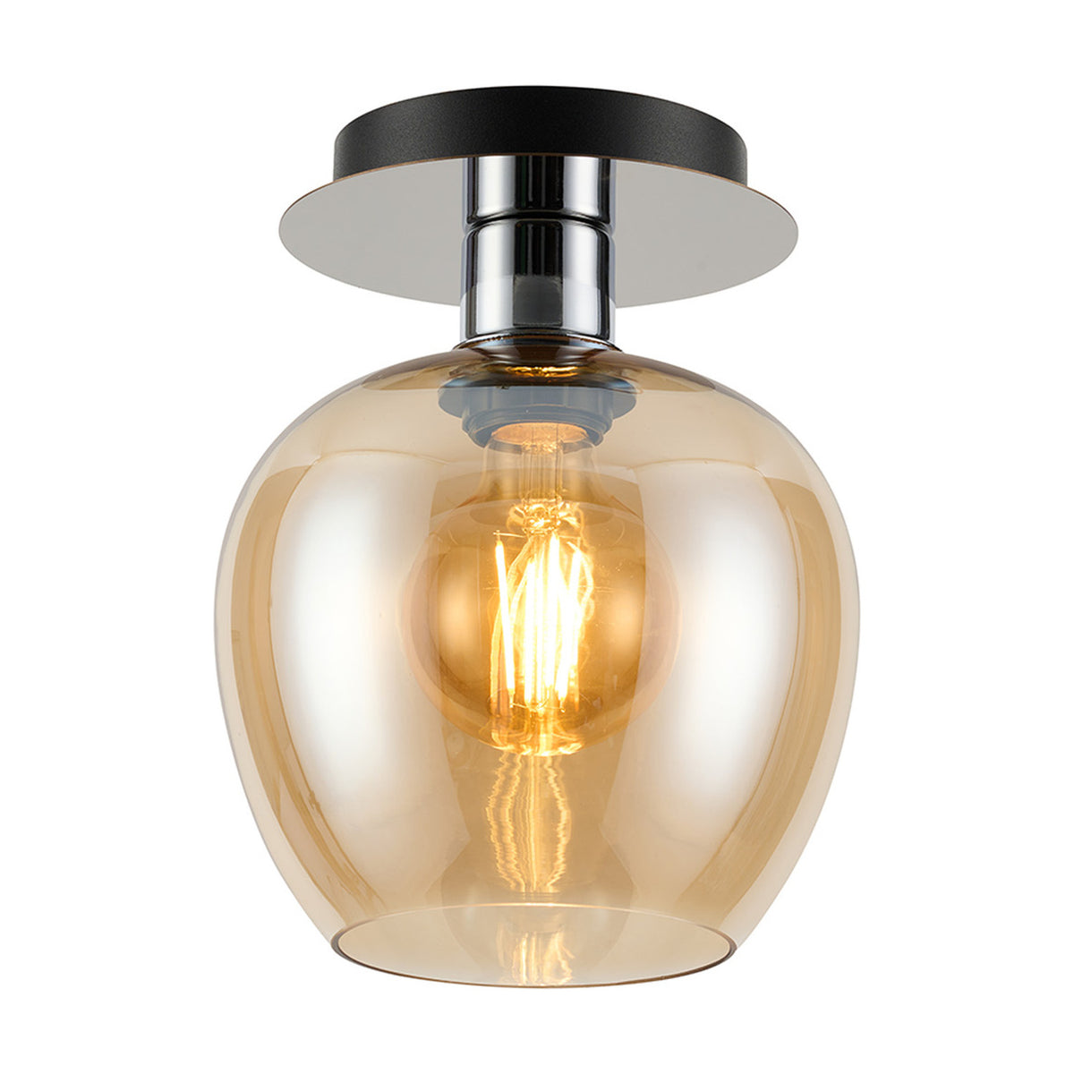 Lori Wine Glass Flush Ceiling Light in 15cm amber glass with polished chrome ceiling plate and E27 bulb, shown on a plain white background.