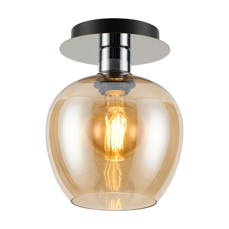Lori Wine Glass Flush Ceiling Light in 15cm amber glass with polished chrome ceiling plate and E27 bulb, shown on a plain white background.