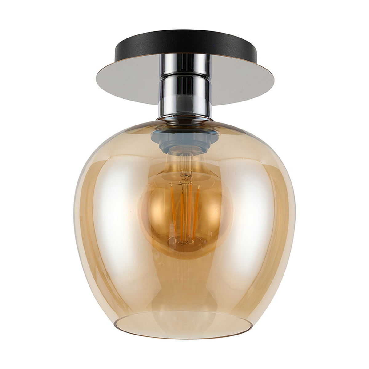 Lori Wine Glass Flush Ceiling Light with a rounded amber glass shade and polished chrome ceiling plate, E27 filament bulb visible, shown on a plain white background.