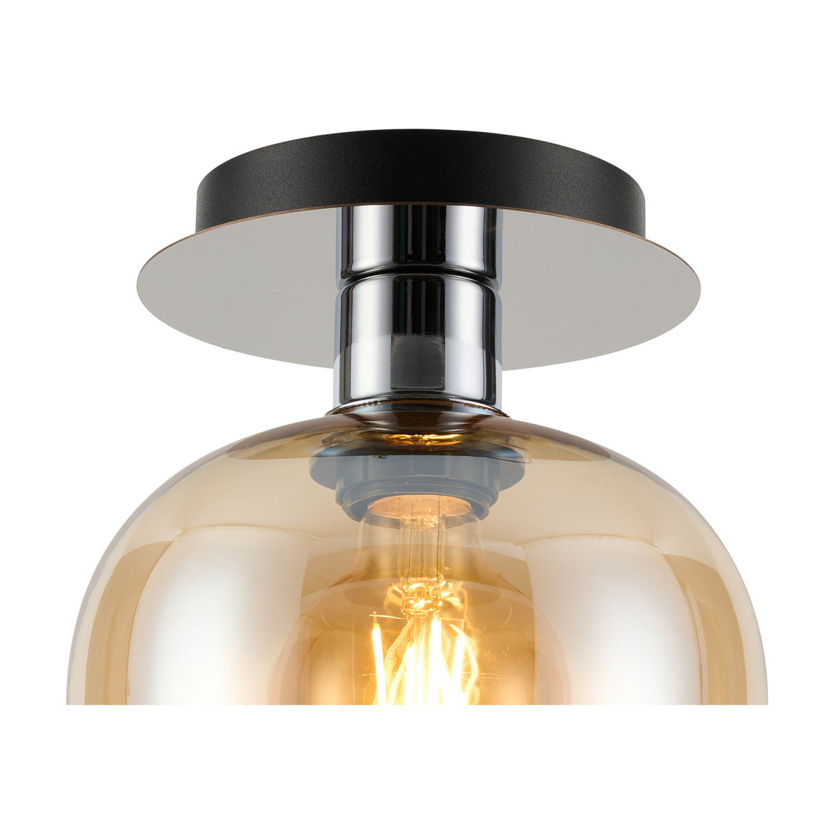 Close-up of the Lori Wine Glass Flush Ceiling Light in amber glass with polished chrome fitting and black ceiling plate, showing an E27 bulb on a plain white background.