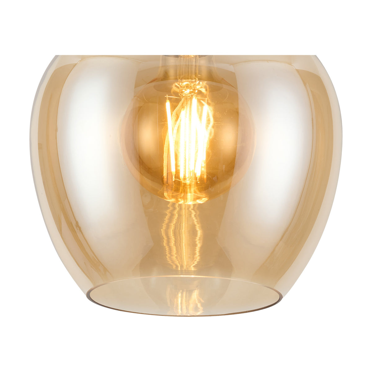 Lori Wine Glass Flush Ceiling Light, 15cm amber glass shade with polished chrome ceiling plate, showing a glowing E27 filament bulb, on a plain white background.