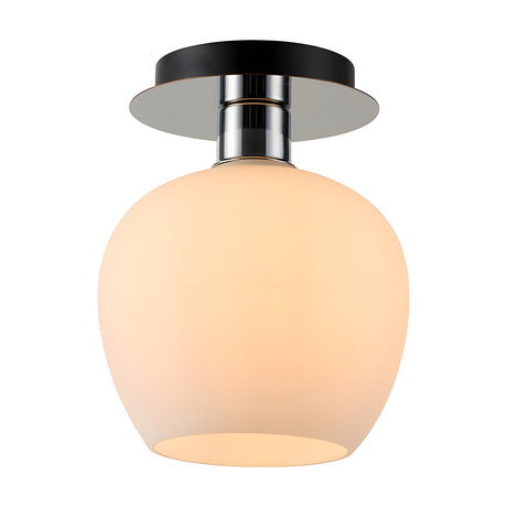 Lori E27 flush ceiling light with a round black and polished chrome ceiling plate and a globe-shaped opal glass shade, shown on a plain white background.