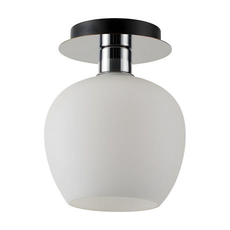 Lori E27 flush ceiling light with a 15cm opal glass globe shade beneath a round black and polished chrome ceiling plate, shown on a plain white background.