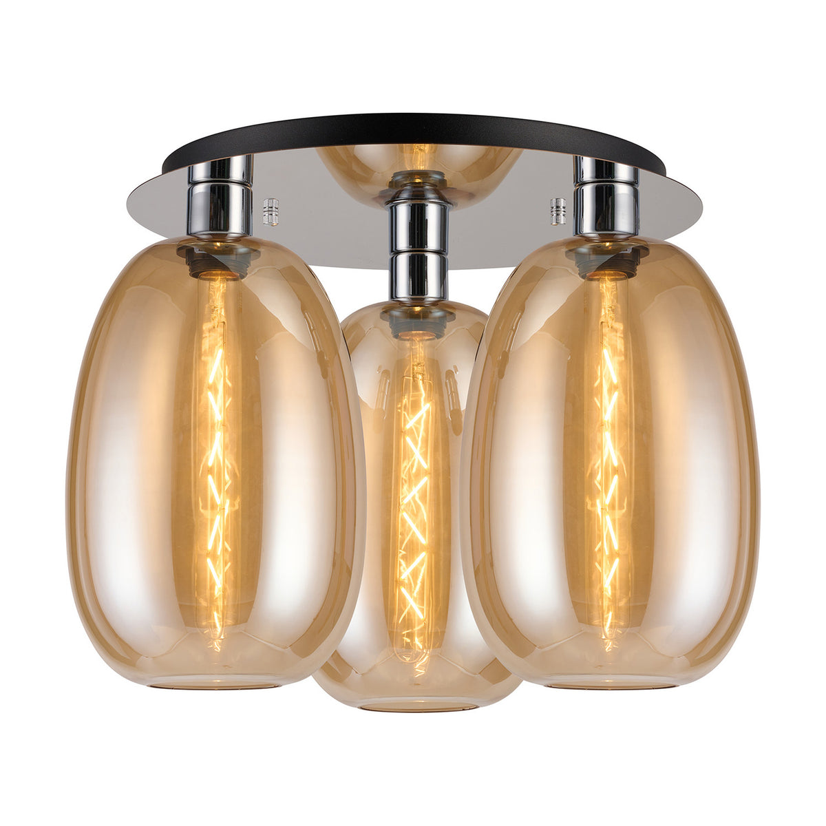Lori E27 3 Light Flush Ceiling Light Amber 40cm - Polished Chrome