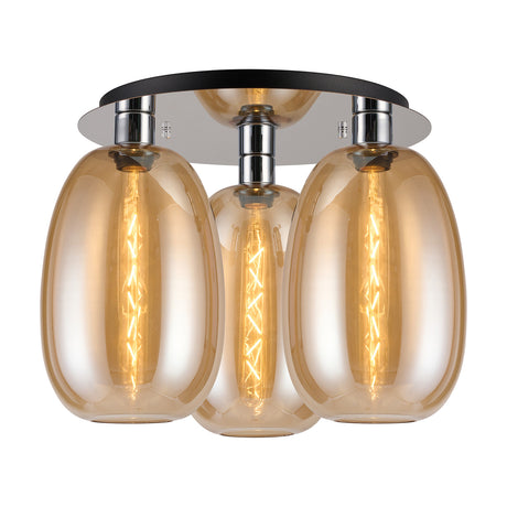 Lori E27 3 Light Flush Ceiling Light in Amber, with three tapered amber glass shades on a round 40cm polished chrome plate, shown on a plain white background.
