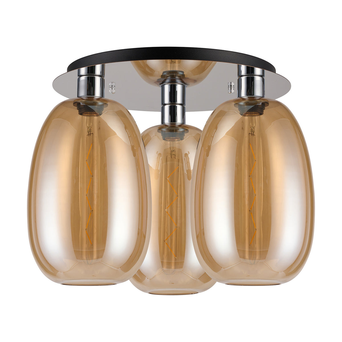 Lori E27 3 Light Flush Ceiling Light Amber 40cm - Polished Chrome