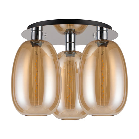 Lori E27 3 Light Flush Ceiling Light with three amber glass shades beneath a round polished chrome plate, 40cm, shown against a plain white background.