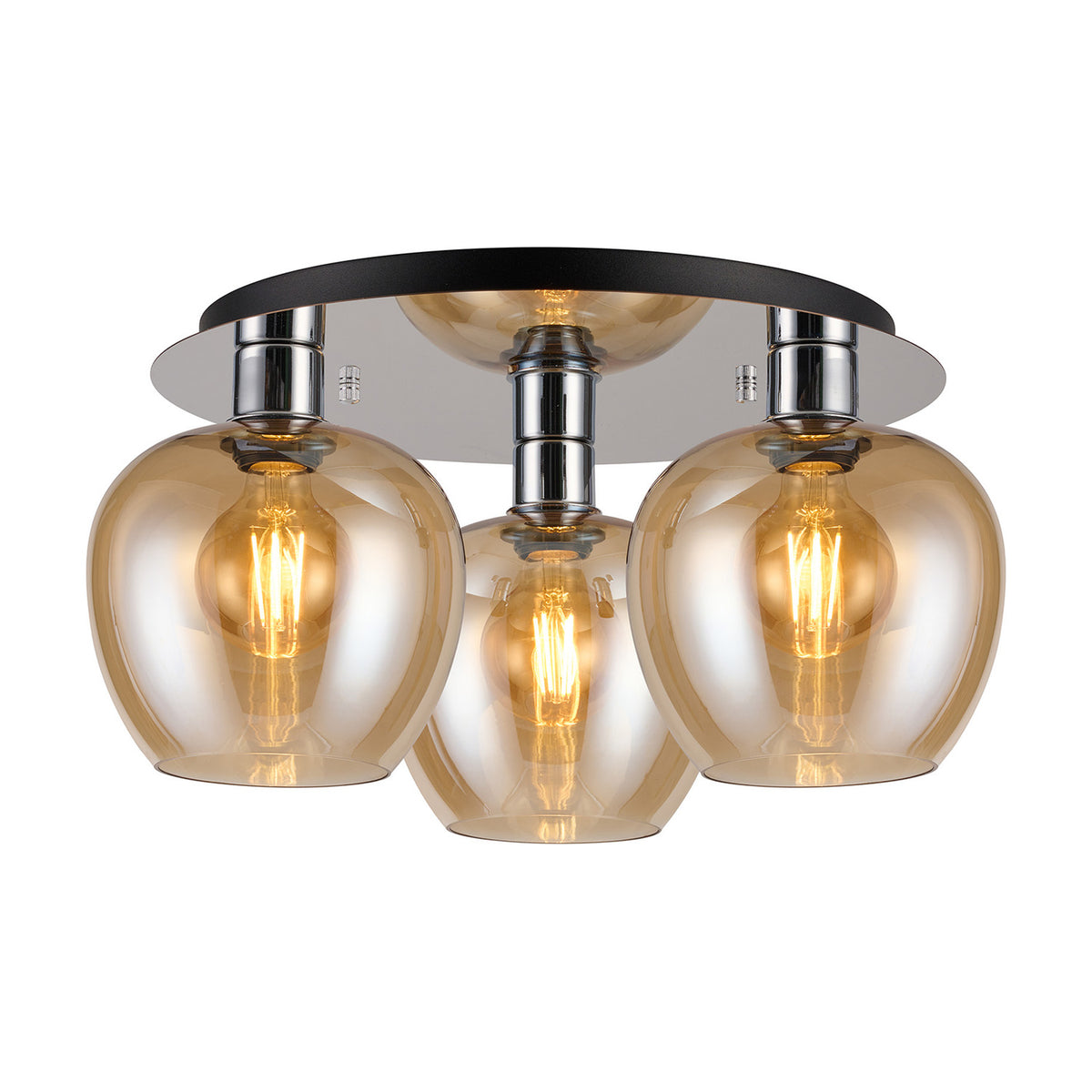 Lori 3 Light E27 Flush Ceiling Light with amber glass globe shades and a round polished chrome base plate, 40cm, shown on a plain white background.