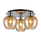 Lori 3 Light E27 Flush Ceiling Light with amber glass globe shades and a round polished chrome base plate, 40cm, shown on a plain white background.