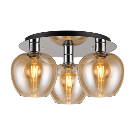 Lori 3 Light E27 Flush Ceiling Light with amber glass globe shades and a round polished chrome base plate, 40cm, shown on a plain white background.