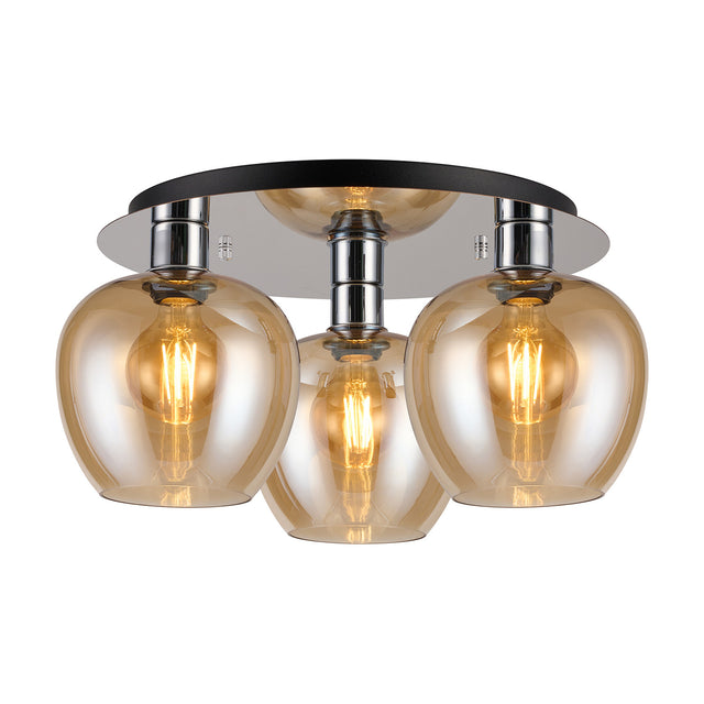 Lori 3 Light E27 Flush Ceiling Light with amber glass globe shades and a round polished chrome base plate, 40cm, shown on a plain white background.