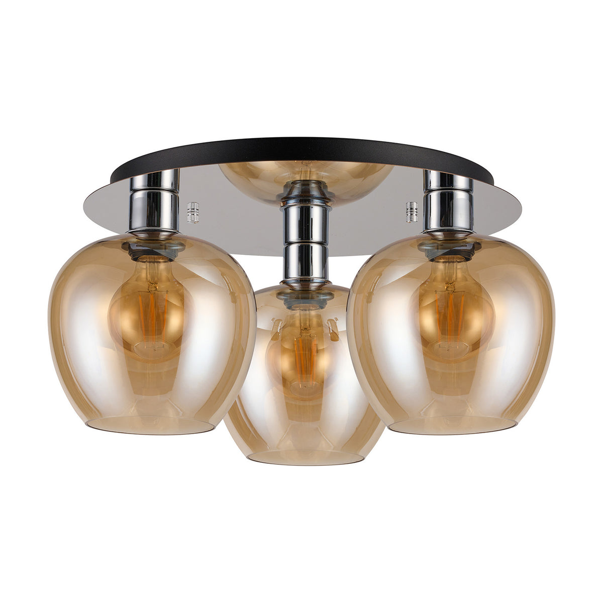 Lori 3 Light E27 flush ceiling light with round polished chrome plate and three amber glass globe shades, 40cm, shown on a plain white background.