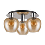 Lori 3 Light E27 flush ceiling light with round polished chrome plate and three amber glass globe shades, 40cm, shown on a plain white background.