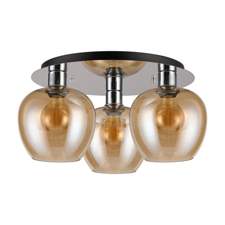 Lori 3 Light E27 flush ceiling light with round polished chrome plate and three amber glass globe shades, 40cm, shown on a plain white background.